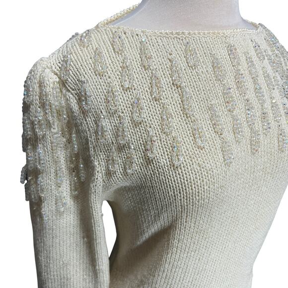 VTG 80s Glam Beaded Hand Knit Sweater Sz L Angora Wool Fringe Puff Sleeve Party - Picture 2 of 13